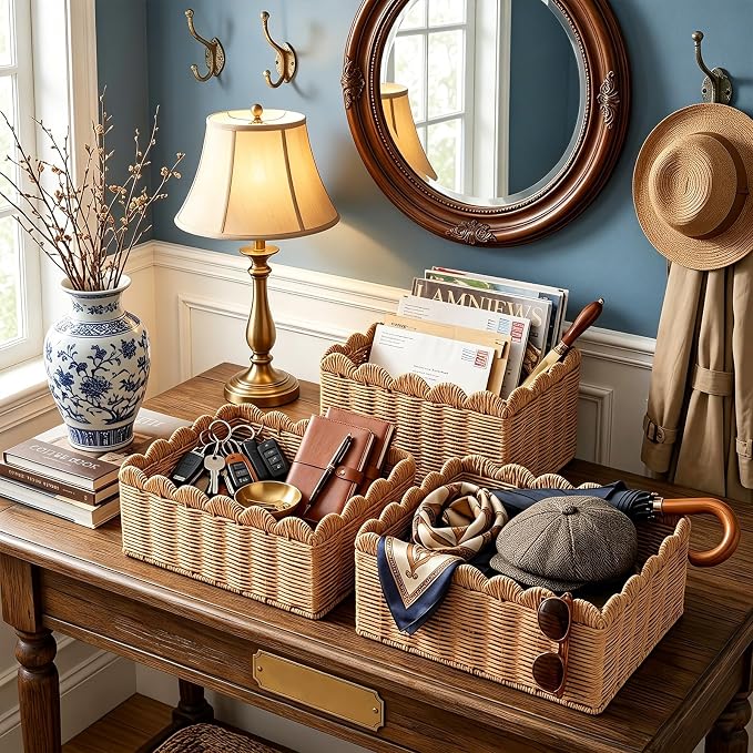 3 Pcs Wicker Storage Baskets for Shelves Picnic Basket,Scalloped Baskets, Hand-woven Wicker Storage Cubes, Paper Rope Shelf Baskets for Organizing and Decoration,Brown Basket - Image 6
