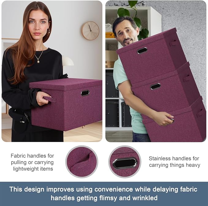 Storage Bins with Lids Fabric Closet Organizers Cubes Office Organization | 36 Quart 3 Pack Purple Collapsible Stackable Linen Fabric 4 Handles Bedroom Closet Cabinet Under Bed Clothes Toy Office File - Image 5