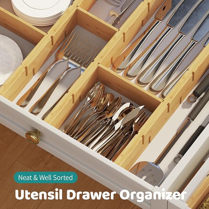 Bamboo Drawer Dividers with Inserts, Kitchen Adjustable Drawer Organizers, Expandable Organization for Home, Dressers, 4 Dividers with 8 Inserts - Image 2
