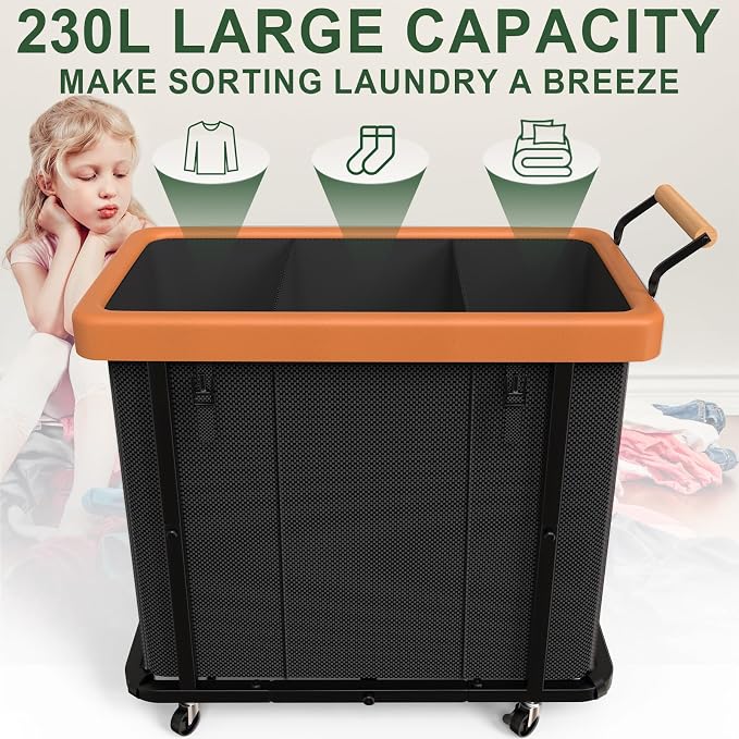 Laundry Hamper 3 Section with Lid,230L Rolling Dirty Clothes Hamper Black | Laundry Basket with Wheels,Laundry Organizer Storage Cart with Sturdy Metal Frame and Wooden Handle for Laundry Room, Hotel - Image 2