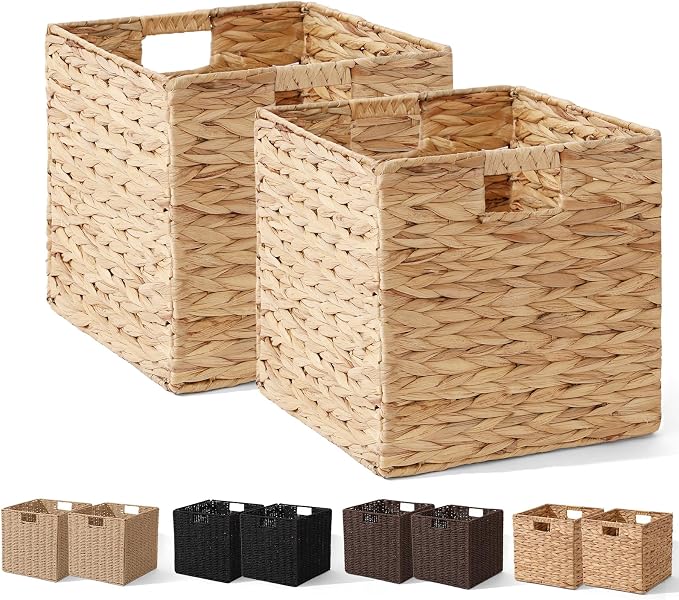 Water Hyacinth Storage Basket, Set of 2 Hand-Woven Wicker Baskets, Foldable Cube Storage Bins, Wicker Cube Laundry Organizer, Square Baskets for Organizing Shelves Decor, 12x12x12in by WickerStorageBaskets