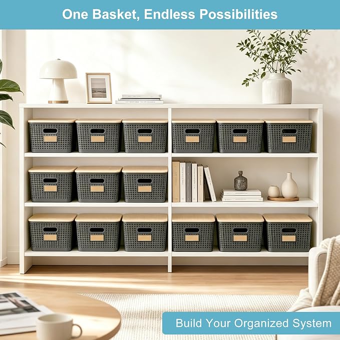 2 Pack Tall Plastic Storage Bins with Bamboo Lids, 10.8qt Stackable Storages Baskets for Organizing Desktop Closet Playroom Classroom Office, 12"L x 8.3"W x 6.1"H, Gray - Image 6