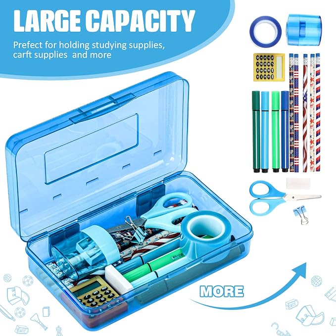 Fainne 24 Pack Clear Plastic Pencil Box,Blue | Stackable Organizer for School Supplies, Large Case for Crayons Markers, Snap-lid Keeps Stationery Secure, Bulk Set - Image 4