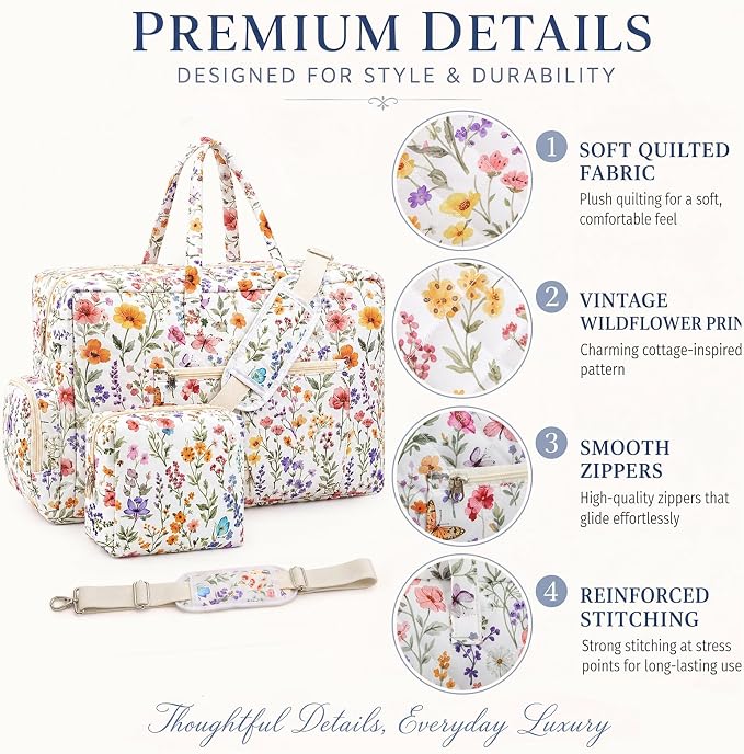 Abbylike Hospital Bag for Women, Quilted Weekender Duffle Bag,Wildflower - Image 4