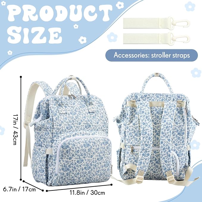 Blue Corduroy Floral Diaper Bag Backpack for Mom Large Capacity Multifunction Travel Backpack for Women, Cute Diaper Bag - Image 2