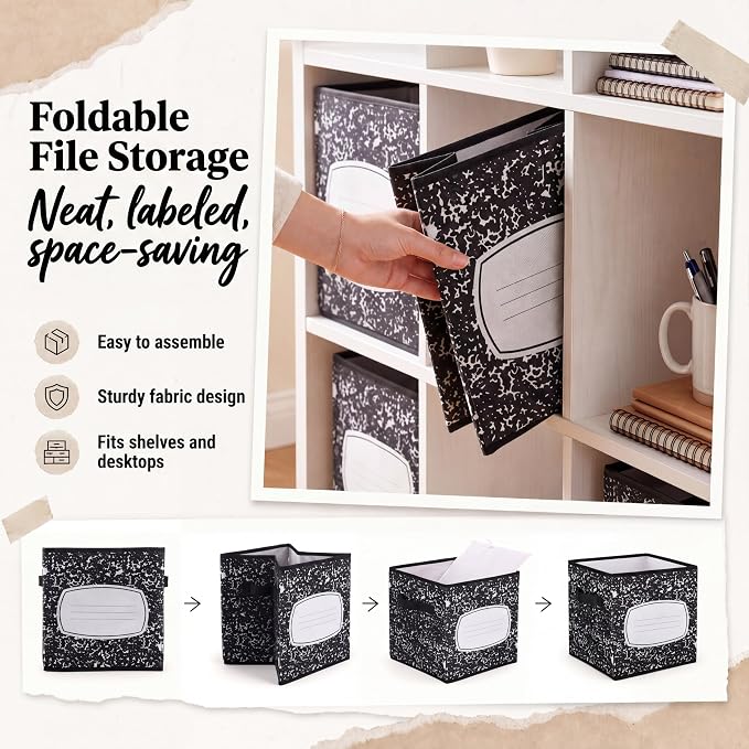 Yookeer 12 Pcs 11 Inch Composition Notebook Fabric Storage Cube Bin with Handle Zebra Print Foldable Classroom Container Cubby Basket for Back to School Decoration Office Home Nursery Organizer - Image 4