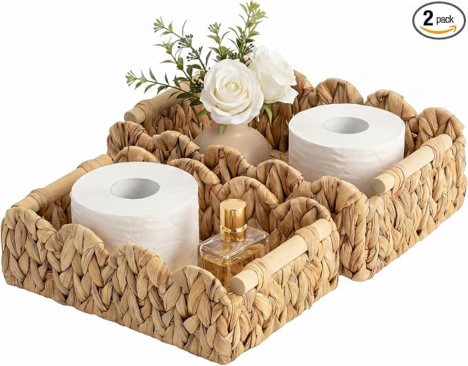 StorageWorks Toilet Paper Basket, Back of Toilet Basket with Wooden Handles | Scalloped Wicker Basket for Living Room, Decorative Scalloped Baskets for Storage, Wicker Baskets for Organizing and Decor by StorageWorks