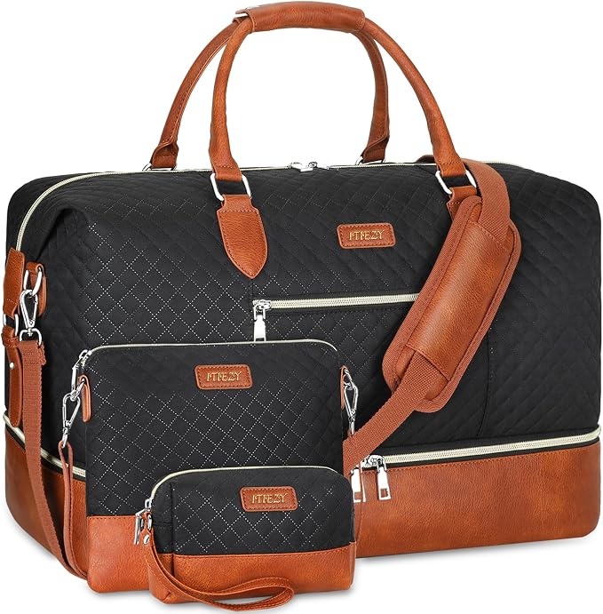 ITIEZY Weekender Bag for Women 21.5" Travel Duffel Large Carry On Bag 3PCS | Nylon Duffel Bag with Waterproof Shoe Compartment, Crossbody Bag and Toiletry Bag, Travel Weekend Hospital Overnight Gym Bag by ITIEZY