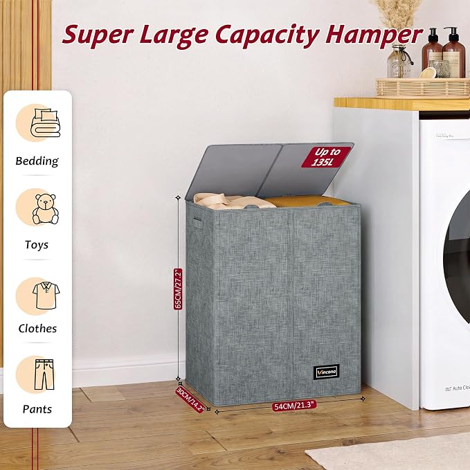135L Laundry Hamper 2 Section, Large Laundry Hamper with Lid, Dirty Clothes Hamper with 2 Removable Inner Bags, Collapsible Laundry Basket Organizer for for Clothes Toys Towels, Hamper 2 Compartment - Image 2