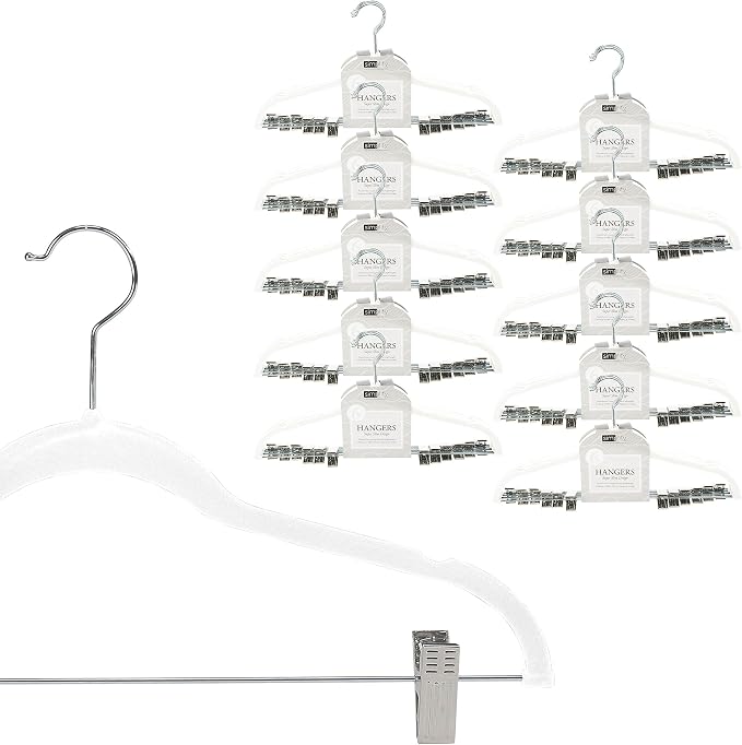 Simplify Velvet Hangers with Clips, 60 Pack, Durable, Non-Slip, Slim Design, White, Organization, Closet, Organization by Simplify