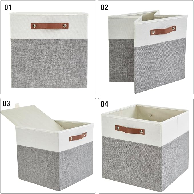 13x15x13 Storage Cube Bins, Foldable Storage Organizer Baskets, Fabric Cube Storage Boxes with 2 Reinforced PU Handles for Kallax, Shelves, Living Room | 4 Pack, Gray & White - Image 6