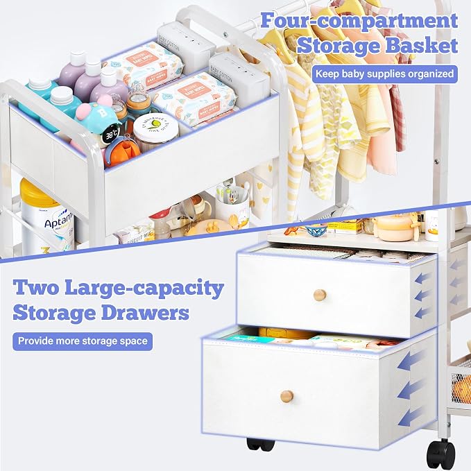 Baby Diaper Caddy Organizer with Hanging Rack, Rolling Diaper Utility Cart with Dividers and Drawers for Baby Essentials Storage, Bedside Cart with Wheels for Changing Station, Crib, Nursery, Bedroom - Image 4
