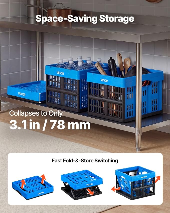 VEVOR Plastic Collapsible Storage Bins, 25L 3 Packs, Stackable Folding Storage Crates with Handles, Holds 22 lbs Per Bin, Foldable Heavy Duty Containers, Space-Saving Baskets, for Home Organizing - Image 4