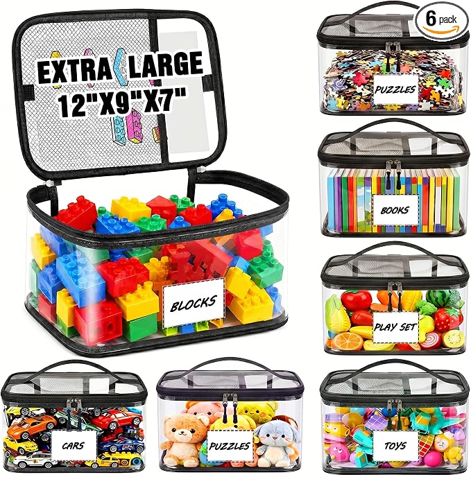 6-Pack Extra Large Clear Toy Storage Bags Transparent Waterproof With Zippers & Labels Durable Reusable Organizer for Blocks,Puzzles & Games by Elover
