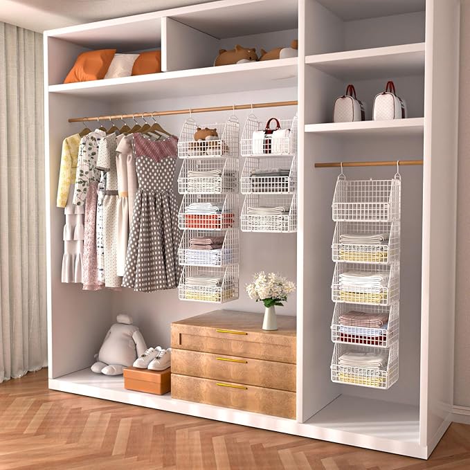PUPPYCUTE Hanging Closet Organizer and Storage, Clothes Hanging Shelves Wire Baskets for Clothing Sweaters Purse Handbags Shoes White 3 Tier - Image 3