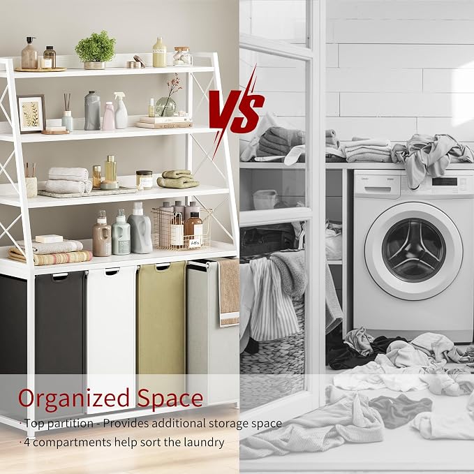 Herture Laundry Basket, 4 Section Laundry Hamper with 4 Tiers Shelf, Pull-Out and Removable Laundry Bags, Large 4 x 15.87 Gallons, for Laundry Room Bathroom White PF12XLE - Image 6