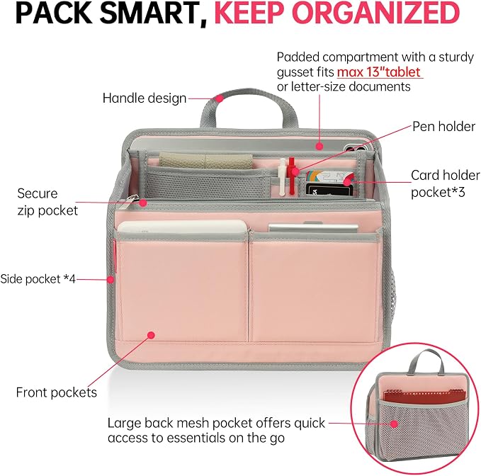 Small Rugged Organizer Insert for Briefcase Tote Shoulder Messenger Bag-19 Pockets,Padded Water-repellent Nylon-Pink - Image 2