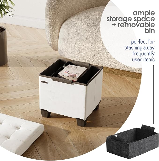 Storage Ottoman Cube with Small Bin, 15-in Square Ottoman with Storage for Living Room and Bedroom, Small Ottomans Foot Rest, Velvet Foot Stools Ottomans Max 330lbs, Cream - Image 4