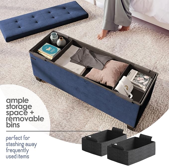Storage Ottoman Bench with Bins, 43-in Storage Bench for Bedroom End of Bed, Folding Foot Rest Ottoman for Living Room Max 660lbs, Velvet Ottomans, Blue - Image 4