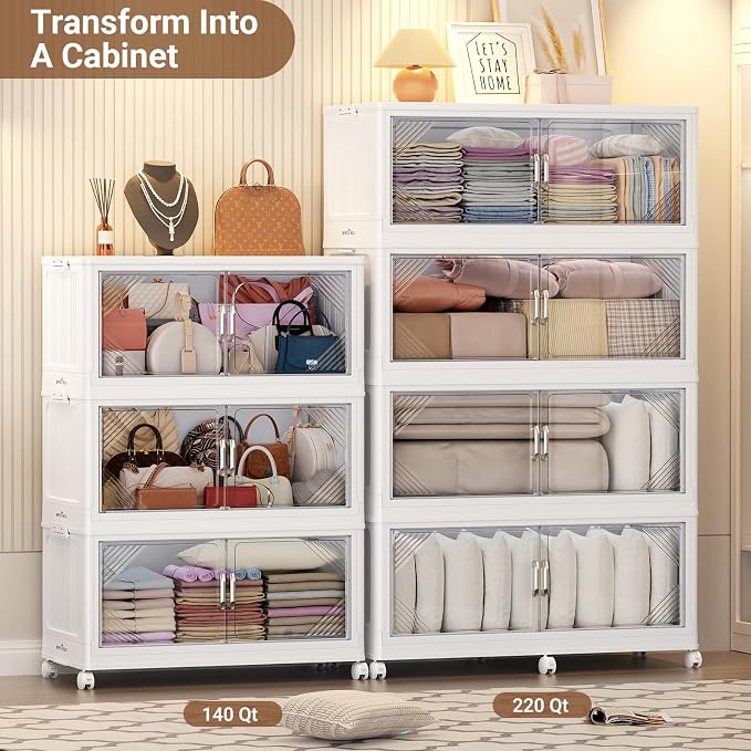BROVIEW V60 420QT Plastic Stackable Storage Bins with Lid, 3Pack White | 105Gal Extra Large Closet Organizers Collapsible Cabinets Boxes With Drawer, Foldable Container with 4x Wheels for Home - Image 7