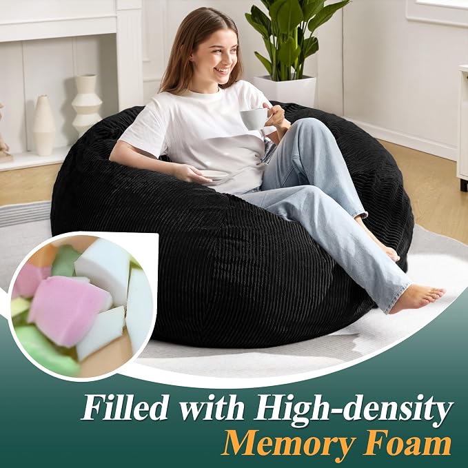 3FT Bean Bag Chair for Adults,3' Big Teardrop Beanbag with Filler | Beanbag Chair with Memory Foam Filled,Bean Bags with Handy Handle&Machine Washable Cover for Living Room,Bedroom-Black - Image 4