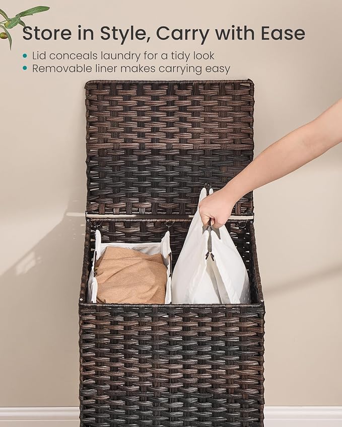 SONGMICS 2-Section Laundry Hamper with Lid, 29 Gal (110L) PE Rattan Laundry Basket with Removable Washable Liners, for Bedroom & Living Room, Chestnut Brown ULCB222ME01 - Image 4