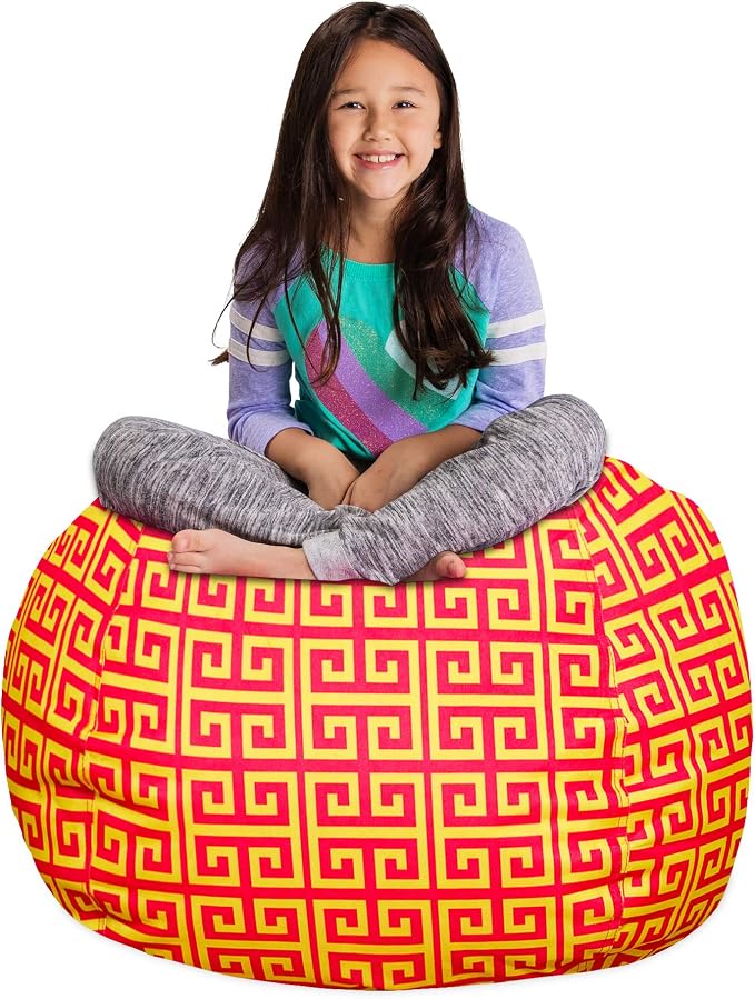 Posh Stuffable Kids Stuffed Animal Storage Bean Bag Chair Cover - Childrens Toy Organizer, Large 38" - Pattern Scrolls Red and Yellow by PoshCreations