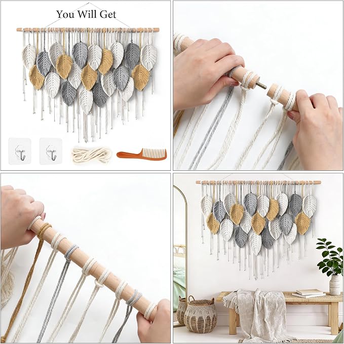 Large Macrame Wall Hanging Boho Woven Tapestry Chic Modern Home Decorations | KHOYIME Bohemian Farmhouse Handmade Leaf Feather Wall Art Decor for Living Room Bedroom Nursery Dorm Backdrop 39" W X 29.5" L - Image 7