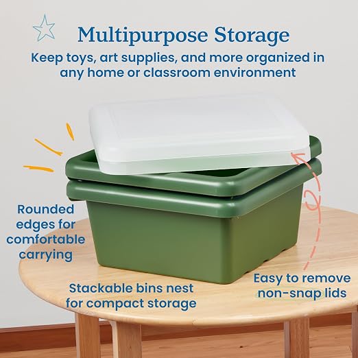 ECR4Kids Stackable Square Bins with Non-Snap Lids, Multipurpose Organization, Hunter Green, 2-Pack - Image 4