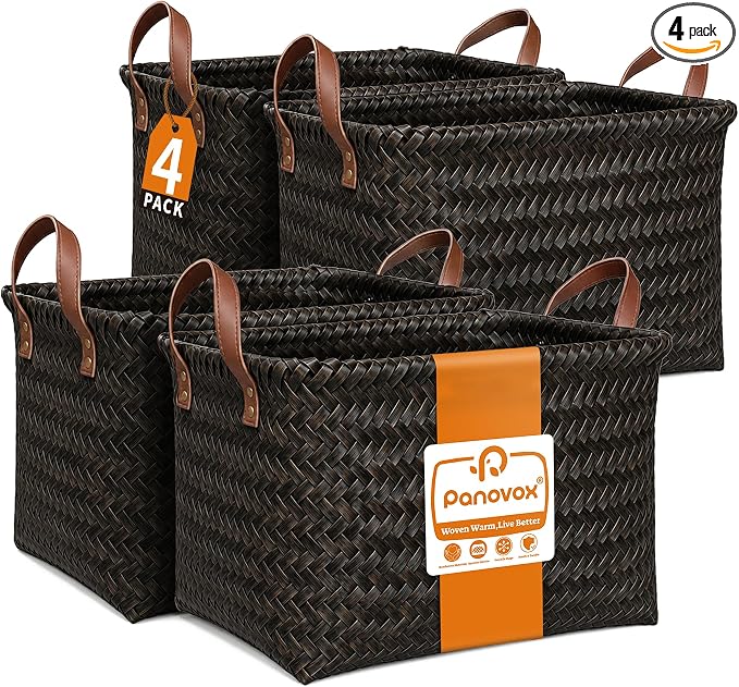 Wicker Storage Baskets, 4 Pack Woven Baskets for Shelves, Dark Gold | PP Rattan, Water-resistant Wicker Basket, Large Baskets with Faux Leather Handles for Blanket, Laundry Organizer, Room Decor by Panovox