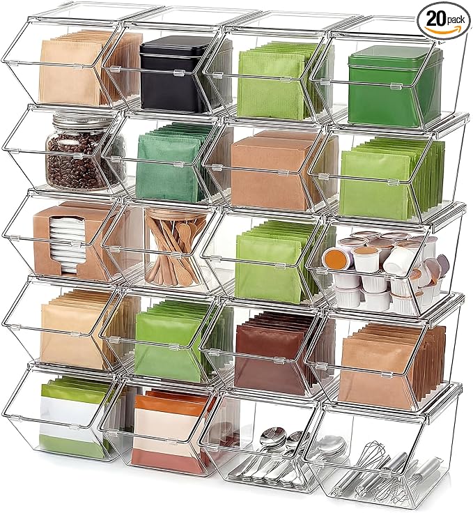 Yerliker 20 Pcs Clear Plastic Storage Bins with Lids Large Stackable Pantry Storage Organizer Bins Kitchen Organization Cabinet Organizers Ideal Containers for Fridge, Kitchen, Cabinets (Clear) by Yerliker