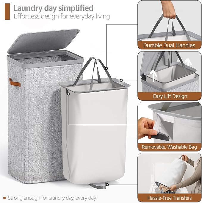 Sorbus Laundry Hamper with Lid - Collapsible Fabric Laundry Basket with Handles and Removable Laundry Bag – 26.5 Gallon (100 L) Dirty Clothes Hamper for Bedroom, bathroom and dorm (Gray) - Image 5