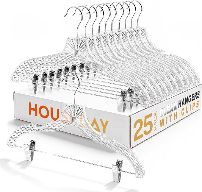 HOUSE DAY Clear Hangers with Clips 25 Pack, Set Hanger for Tops and Bottoms | Clear Plastic Hangers with Clips for Closets, Boutiques, Retail Displays, Dresses, Shirts, Skirts and Pants by HOUSEDAY