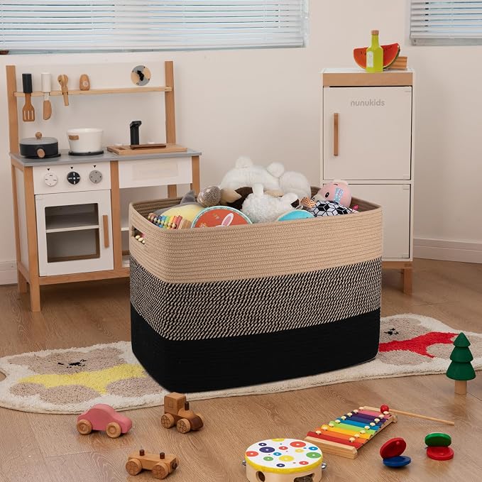 OIAHOMY 108L Extra Large Blanket Basket Dog Toy Basket Yellow and Black | Rectangle Woven Baskets for Storage Cotton Rope Basket For Living Room Toy Storage Blanket Storage Laundry Basket - Image 2