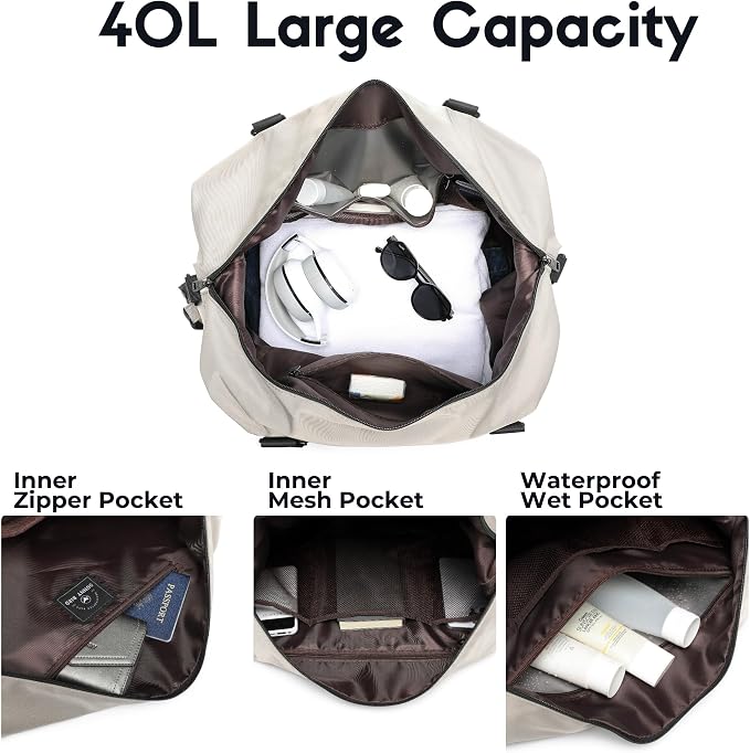 Duffel with Utility Pouch, 40L Weekender Overnight Bag with Shoe Compartment for Travel and Sports (Grey and black) - Image 6