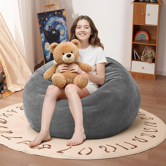 2FT Bean Bag Chair: 2' Small Bean Bags with Memory Foam Filled | Beanbag Chairs with Handle,Teardrop Bean Bag Sofa with Corduroy Machine Washable Cover for Living Room,Bedroom-Grey by Cansunna
