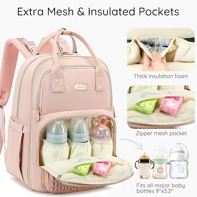 AIJIEKE Diaper Bag Backpack, Large Multi-functional Diaper Backpack, Pink | Waterproof lightweight baby backpack. With changing pad, stroller straps, insulated & wet/dry pockets. Mom & dad essential - Image 5