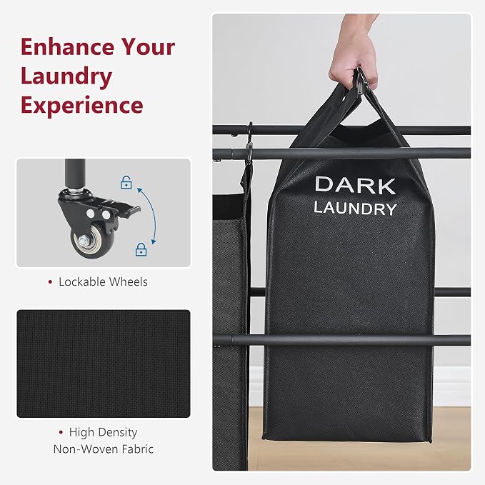 Laundry Sorter with Hanging Bar, 4 Section Laundry Hamper, Black | 52 Gal Laundry Cart with Hanging Rack and Removable Bags, Rolling Laundry Hamper Cart for Laundry Room, Bathroom, Bedroom - Image 6