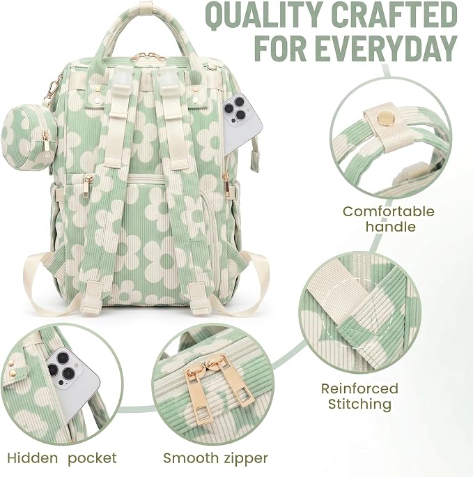 Baby Diaper Bag Backpacks for Mom Dad, Corduroy Large Capacity Multifunction Nappy Bag with Pacifier Case, Baby Travel Essentials Diaper Backpack for Boys Girls - Large Flowers Green - Image 6