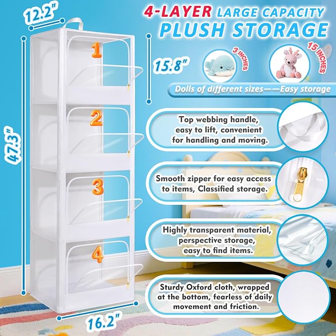 Transparent Dustproof Stuffed Animal Storage - Plushies Storage with Zipper Easy Find Items More Capacity Toy Organizer Horizontal & Vertical Dual-Use 4-Tier Space-Saving Organizer for Kids Room - Image 3