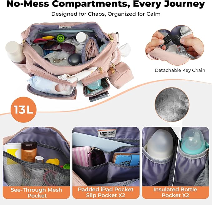 Puffy Crossbody Diaper Bag, 2-in-1 Stroller Caddy & Mom Purse, 13L Lightweight Travel Duffle Bag for Baby, Work Commute, Gym, Labor Delivery (Apricot pink) - Image 7