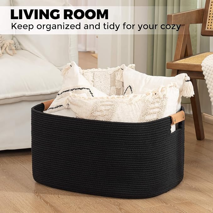 Large Blankets for Living Room, 72 L Woven Cotton Rope Baskets for Storage, Organizing Kids Toys & Dog Toys, Large Basket Organizer for Nursery, Bedroom, Bathroom, 22’’*17’’*11.8’’ Black - Image 3