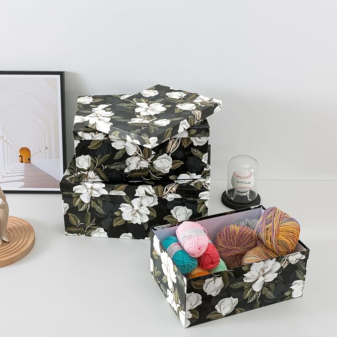 Soul & Lane - Midnight Gardenia Decorative Boxes with Lids, Set of 3, Black | Large Nesting Paperboard Storage Boxes for Keepsakes, Photos and Gifts, Dramatic Dark Green Floral Design Containers - Image 5
