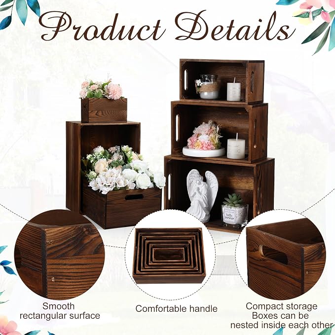 AceOrbit Set of 6 Rustic Wood Crates, Nesting Storage Boxes,Classic Brown | Distressed Wooden Containers with Cutout Handles, Vintage Farmhouse Wedding Party Decor, Decorative Baskets for Supplies - Image 4