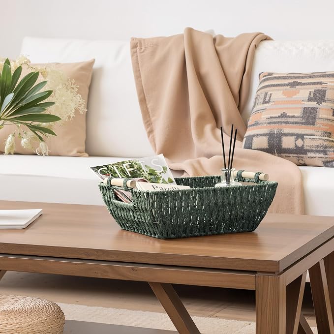 StorageWorks Wicker Storage Basket, Baskets for Storage, Bosana Green | Wicker Storage Baskets for Shelves, Baskets with Wooden Handles, 2-Pack Gifts Basket for Home Decor, Hand-Woven Basket - Image 6