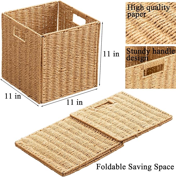 Foldable Storage Baskets with Handles Paper Rope Storage Baskets Rectangle Collapsible Hand Woven Storage Cubes Bins for Organizing Shelves Living Room Bedroom Pantry (4, 11'' x 11'' x 11'') - Image 2