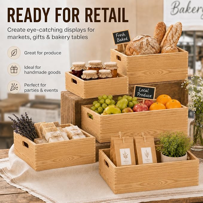 5 Pack Wooden Crates for Display Nesting Wood Crate for Storage with Handle | Rustic Handmade Farmhouse Wooden Basket for Storage and Containe, 5 Size Multipurpose Wood Basket for Fruits Vegetables Boxes - Image 7