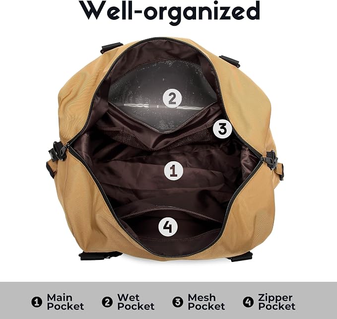 Duffel with Utility Pouch, 40L Weekender Overnight Bag with Shoe Compartment for Travel and Sports (Brown and black) - Image 4