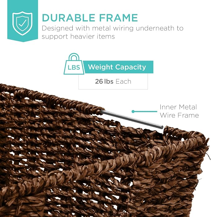 Best Choice Products Rustic Set Of 4 Multipurpose Stackable Seagrass Storage Basket, Handwoven Laundry Organizer Totes for Bedroom and Living Room, Shelves, Pantry w/Insert Handles - Brown - Image 5