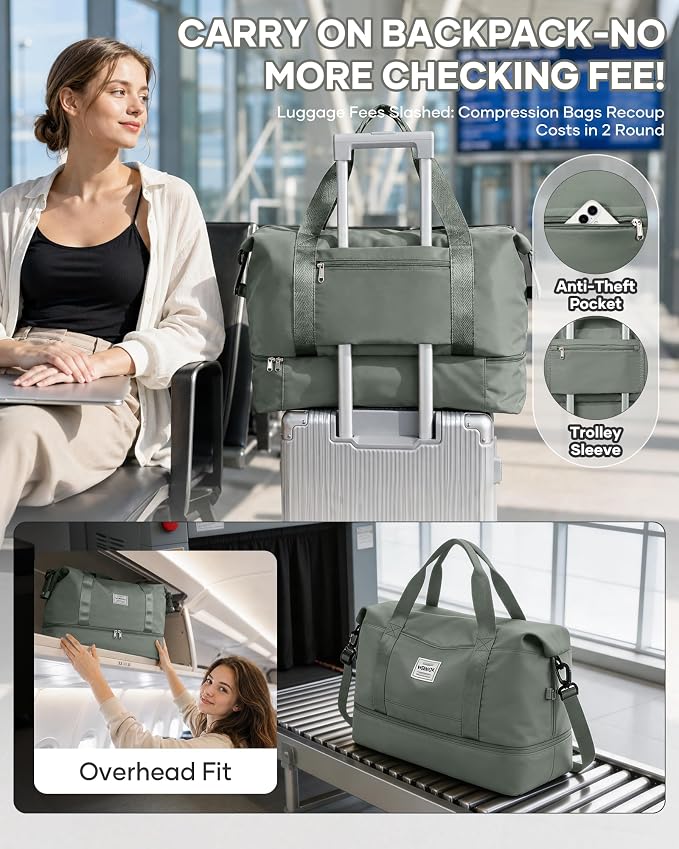Travel Duffel Weekender Bag Women Tote Carry On Bags With Shoe Compartment | Travel Overnight Bags with Trolley Sleeve for Airplanes Waterproof Lightweight Sport Tote Gym with Toiletry Bag Green - Image 2